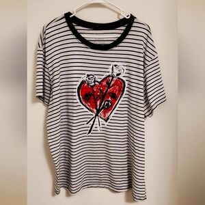 Torrid Black and White Striped Relaxed Fit Tee Red Heart Rose  Graphic Size 1